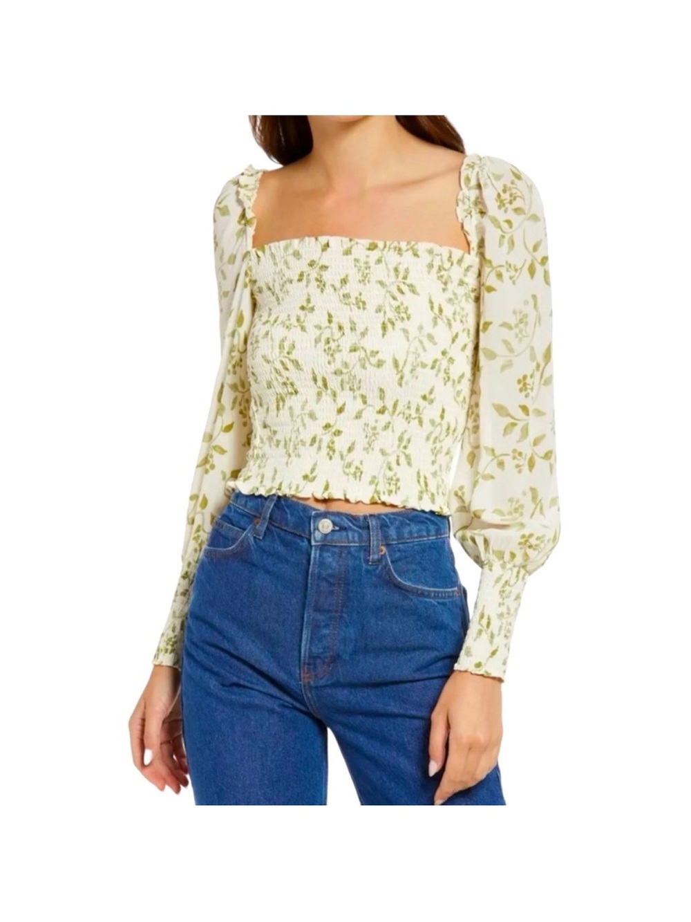 REFORMATION PINTO SMOCKED TOP IN CYPRESS SIZE MEDIUM